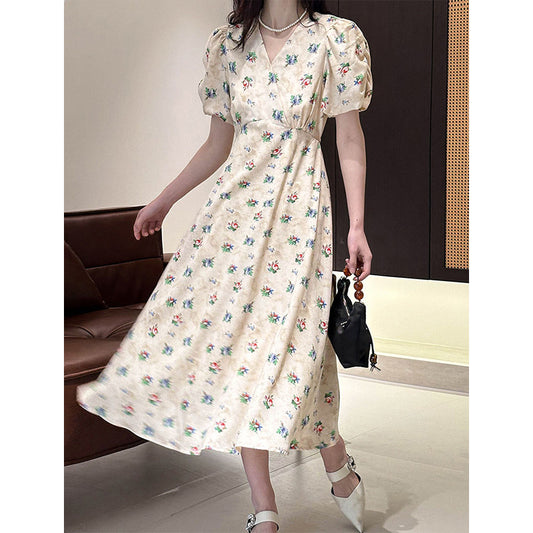 2025 popular spring and summer new Korean  design sense retro V-neck bubble sleeve floral dress female 722