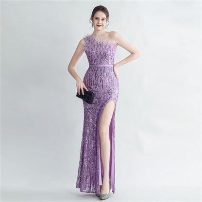 31185 #Cross-border heavy industry ostrich hair craft bundle slant shoulder side split high-end evening dress