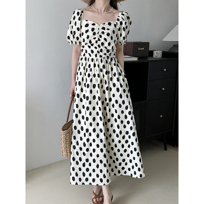 2025  summer temperament bubble sleeves one-word shoulder polka dot dress retro Korean large skirt 23020
