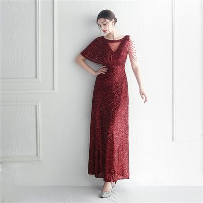 19932 #Hot trade craft bead lotus leaf sleeve mesh perspective bridesmaid etiquette celebration dinner long evening dress