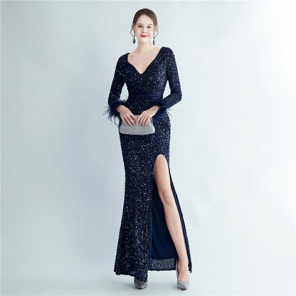 31207 #Hot trade boutique ostrich hair cuff design side split fork long sleeve sequined fishtail evening dress