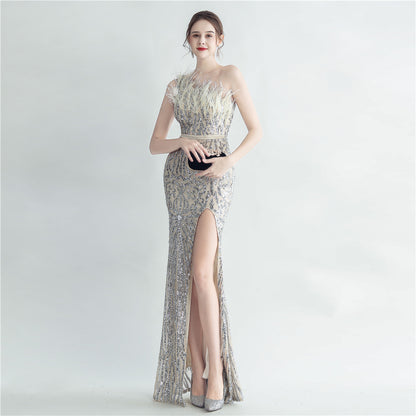 31185 #Cross-border heavy industry ostrich hair craft bundle slant shoulder side split high-end evening dress