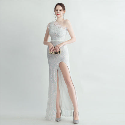 31185 #Cross-border heavy industry ostrich hair craft bundle slant shoulder side split high-end evening dress
