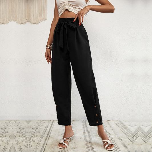 IKEARLAX New new 2025 cross-border 2025 trade long pants  lace-up commuter high-waisted nine-point pants women