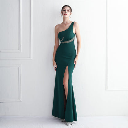 19297 #Long one-shoulder toasting dress with diamonds Thank you banquet Slim fish tail skirt Wedding car model Exhibition dress