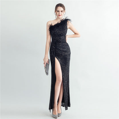 31209 #2025 hand-nailed ostrich hair slanted shoulder Roman collar high-end sequined evening dress