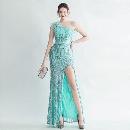31185 #Cross-border heavy industry ostrich hair craft bundle slant shoulder side split high-end evening dress