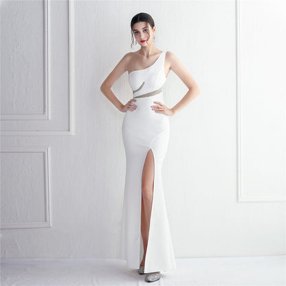 19297 #Long one-shoulder toasting dress with diamonds Thank you banquet Slim fish tail skirt Wedding car model Exhibition dress