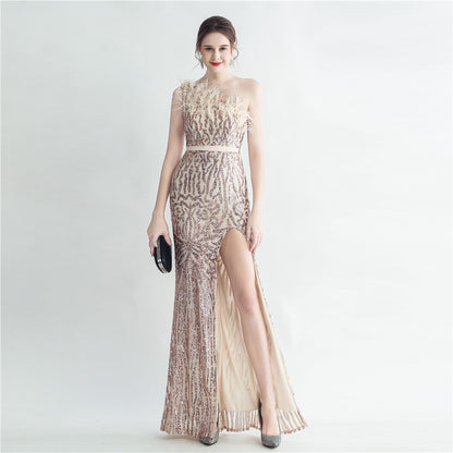 31185 #Cross-border heavy industry ostrich hair craft bundle slant shoulder side split high-end evening dress
