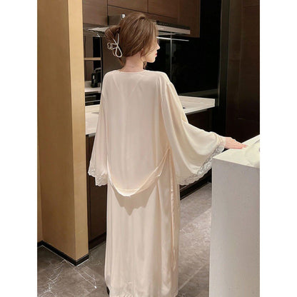 2025 Long dress with chest pad, suspender, nightgown, loungewear, pure desire style nightdress for women's spring new silky pajamas, two-piece set for women