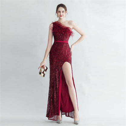 31185 #Cross-border heavy industry ostrich hair craft bundle slant shoulder side split high-end evening dress