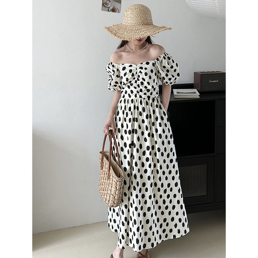 2025  summer temperament bubble sleeves one-word shoulder polka dot dress retro Korean large skirt 23020