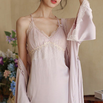 2025 Summer new suspender two-piece set fairy nightdress lace close-fitting pure desire sexy and thin satin suit homewear women