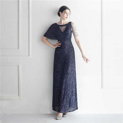 19932 #Hot trade craft bead lotus leaf sleeve mesh perspective bridesmaid etiquette celebration dinner long evening dress