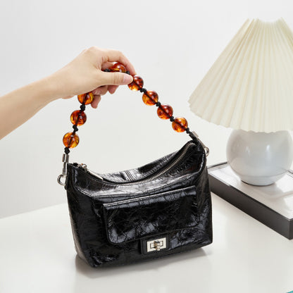 IKEARLAX 2025 New Chinese bead chain crossbody shoulder bag women's popular new retro oil wax leather pleated bag hand bag
