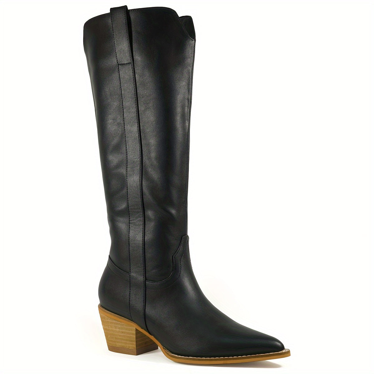 Western Cowgirl Boots - Elevated Knee-High Fashion Boots with Pointed Toe, Chunky Heel, and Solid Color - Womens Cowboy Boots for Country Chic Style