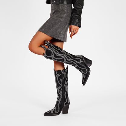 Women's Rhinestone Flame Pattern Boots, Side Zipper Chunky Heel Comfy High Knee Boots, Glitter Point Toe Dance Boots