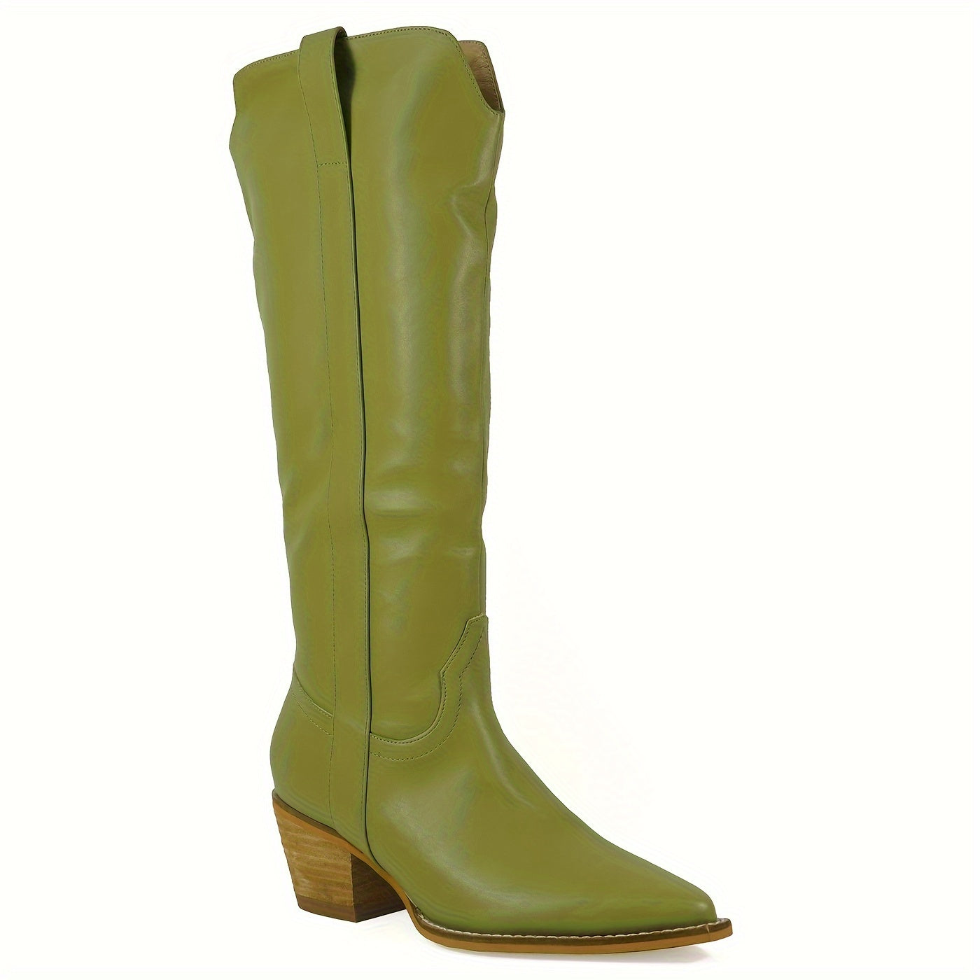Western Cowgirl Boots - Elevated Knee-High Fashion Boots with Pointed Toe, Chunky Heel, and Solid Color - Womens Cowboy Boots for Country Chic Style
