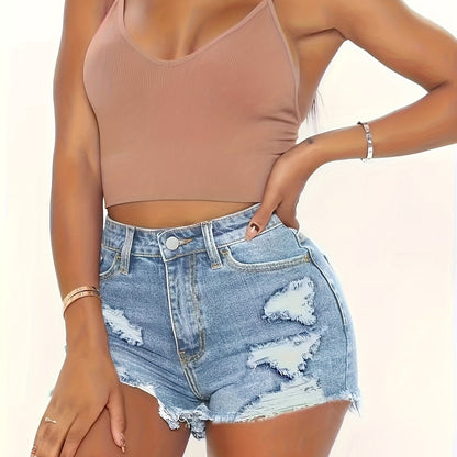 High-Waisted Distressed Ripped Denim Shorts - Stretchy, Frayed Hem, Sporty Style, Solid Color, Summer Casual, No Printing, Woven, High-Quality Denim, Comfortable Fit, Perfect for Spring and Summer Season