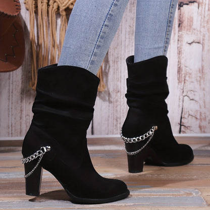 Trendy Womens Slip-On Booties - Luxurious Suedette, Comfortable Block Heel, Chic Slouch Design with Eye-Catching Chain Detail