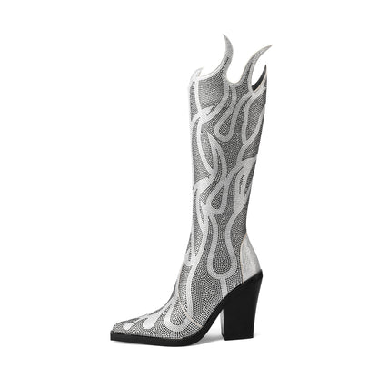 Women's Rhinestone Flame Pattern Boots, Side Zipper Chunky Heel Comfy High Knee Boots, Glitter Point Toe Dance Boots