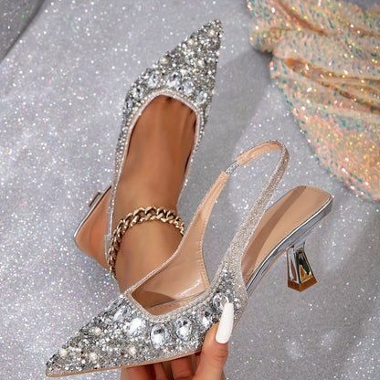 Dazzling Womens Pointed Toe High Heel Sandals - Sparkling Rhinestones & Lustrous Pearls - Adjustable Slingback for Weddings - Chic and Dressy Footwear