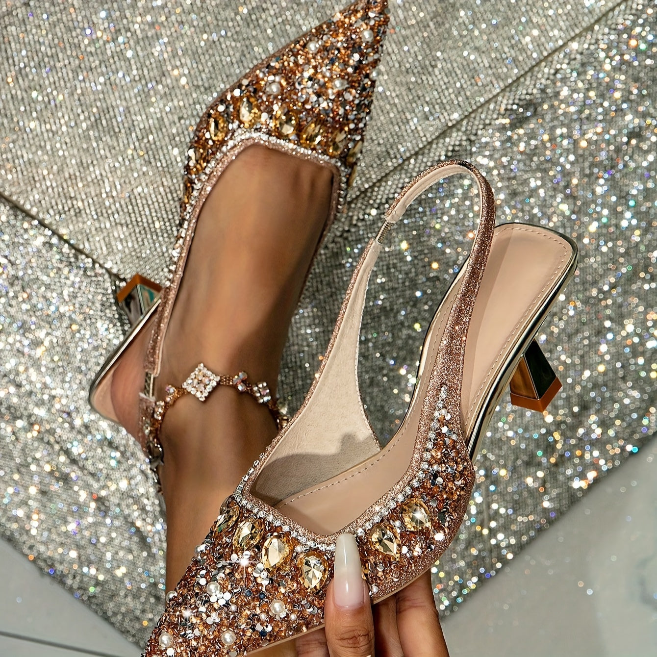 Dazzling Womens Pointed Toe High Heel Sandals - Sparkling Rhinestones & Lustrous Pearls - Adjustable Slingback for Weddings - Chic and Dressy Footwear