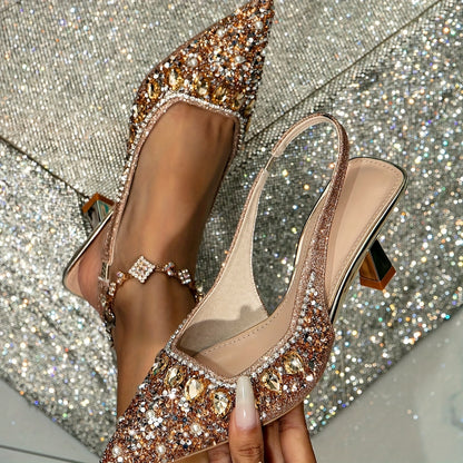 Dazzling Womens Pointed Toe High Heel Sandals - Sparkling Rhinestones & Lustrous Pearls - Adjustable Slingback for Weddings - Chic and Dressy Footwear