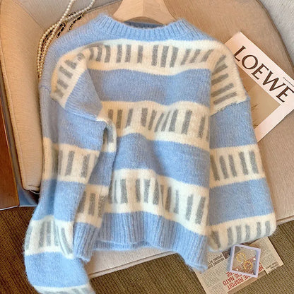 Women Sweaters Winter Pullover Vintage Sweet Knitted Jumpers Korean Chic Striped O Neck Sueter Mujer